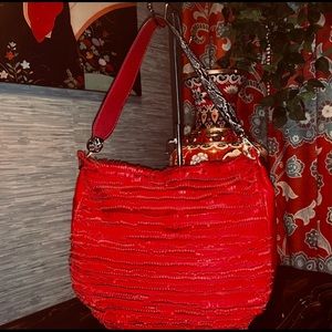 Jimmy Choo SKY Red Suede Leather Fringe Hobo Shoulder Bag